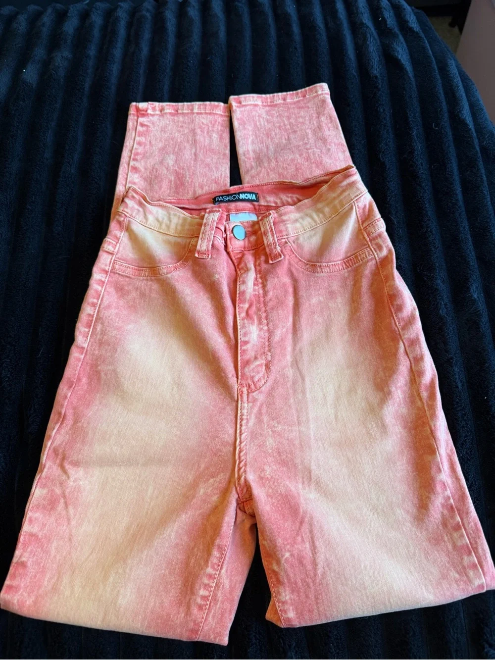 Fashion Nova Coral-Red Acid Wash High-Rise Jeans
